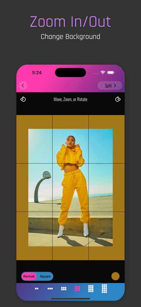 PhotoSplit for Instagram - PhotoSplit app interface showing the zoom in and out feature with background color customization for an Instagram grid split
