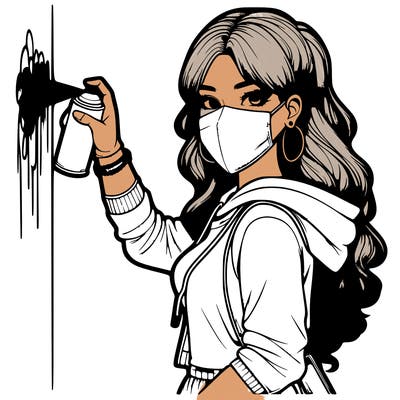 realistic girl with mask spray painting a wall