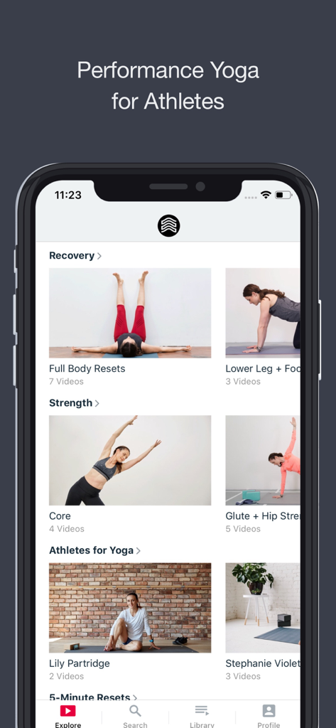 Athletes for Yoga - Athletes for Yoga app screen displaying recovery and strength video libraries for athletes