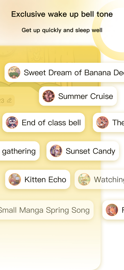 Alarm Clock-Keep Alarm - A selection screen for exclusive and cute wake up alarm bell tones with names like Kitten Echo and Summer Cruise