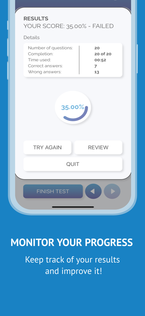 Écran des résultats d'examen EASA Part 66 montrant un score de test et des détails de progression.