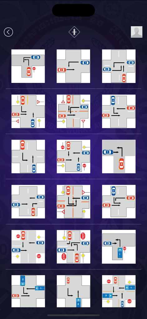 A grid of 18 different traffic intersection diagrams showing vehicle priority and turning rules for driving education.