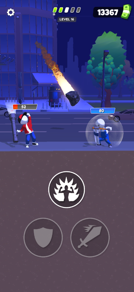 Merge Fighting: Fight Hit Game - Gameplay screenshot of Merge Fighting showing a 1v1 urban street battle with action buttons and health bars.