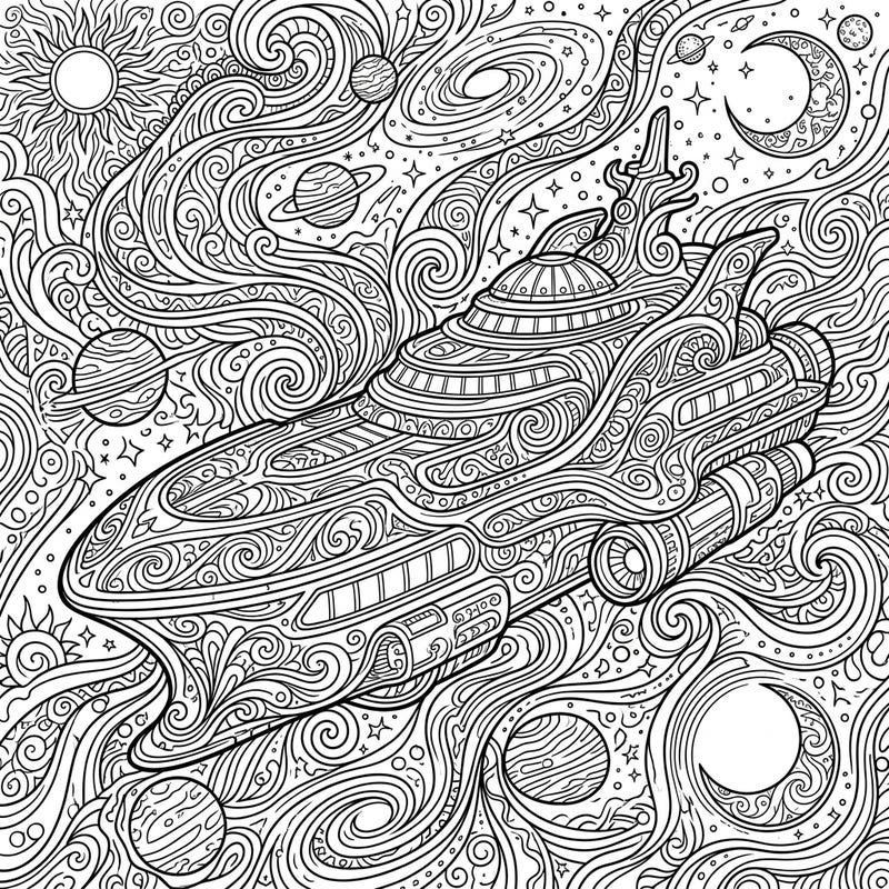 Prepare for an epic cosmic trip with this intricate coloring page featuring a lavish space luxury liner. Dive into a universe of swirling psychedelic patterns and celestial wonders, ready for your creative touch.