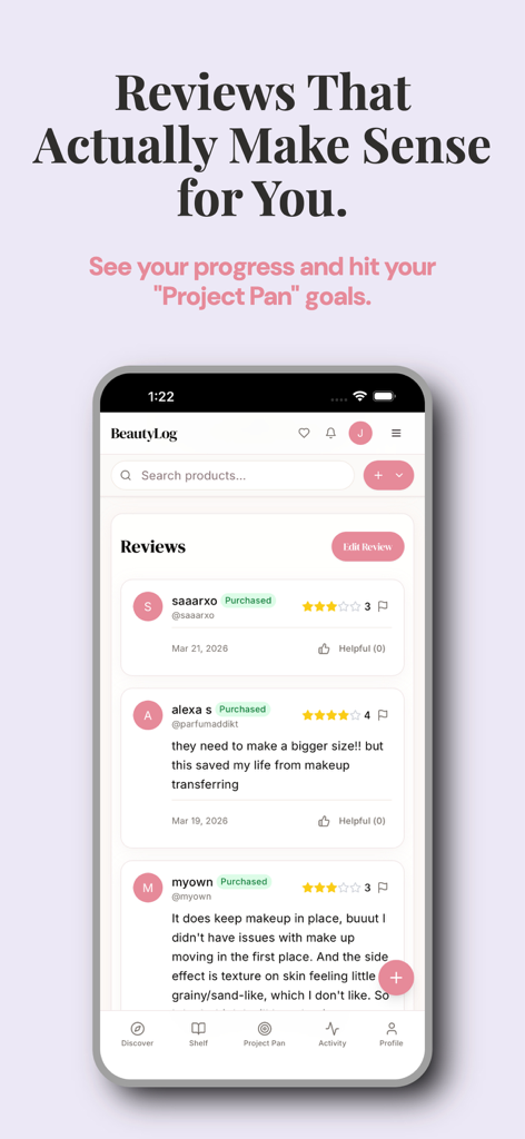 BeautyLog: Beauty Tracker - A mobile app interface showing community product reviews and ratings on BeautyLog