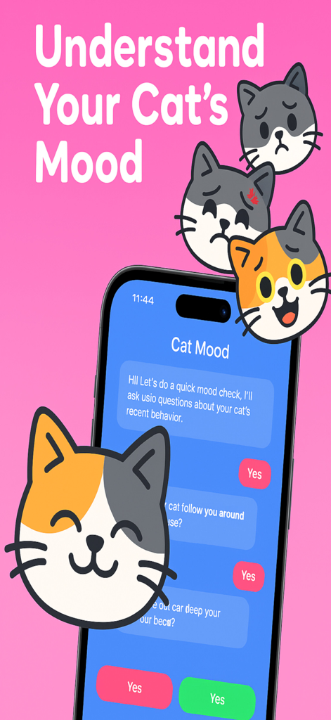 Smartphone screen showing an interactive cat mood quiz with behavioral questions and cartoon cat icons