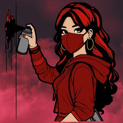 realistic girl with mask spray painting a wall