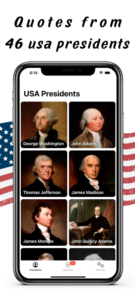 워싱턴과 애덤스를 포함한 미국 대통령 초상화 그리드가 표시된 모바일 앱 화면