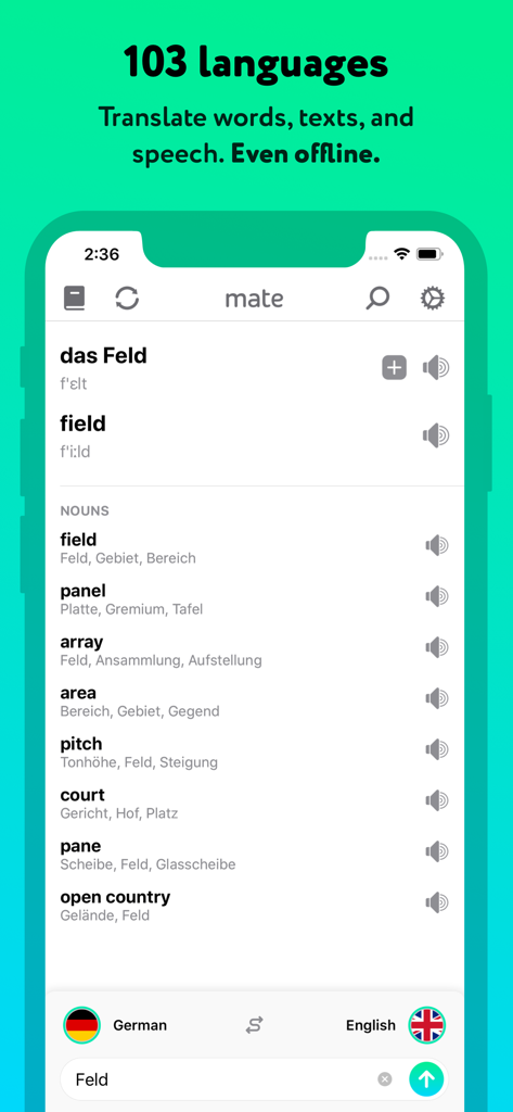 Mate language translator app showing German to English translation with phonetic transcriptions