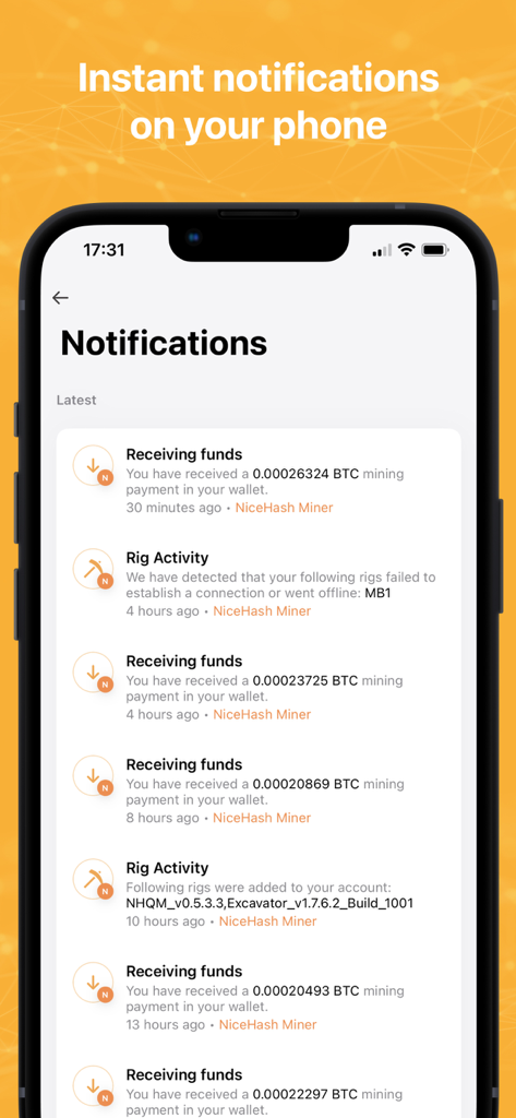 NiceHash - Screenshot dell'app NiceHash che mostra un elenco di notifiche per la ricezione di fondi Bitcoin e aggiornamenti sull'attività dei rig di mining.
