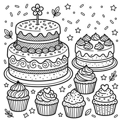 Dive into a world of delicious desserts with this charming red velvet cakes and cupcakes coloring page. Perfect for kids, it offers a delightful array of sweet treats waiting for a burst of color!