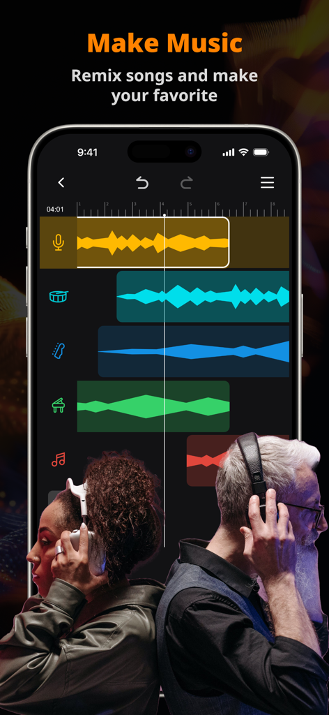 Vocal Remover Editor: MusicLab - Smartphone screen showing MusicLab multitrack audio editor for remixing songs