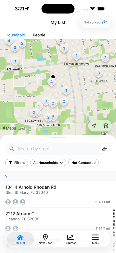 Vista mappa e elenco indirizzi per il canvassing porta a porta nell'app MiniVAN Touch