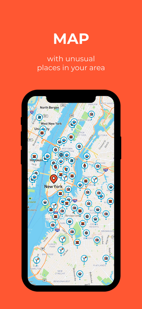 Kaver: Events, Places, Tickets - Kaver app interactive map showing unusual and hidden places in New York City