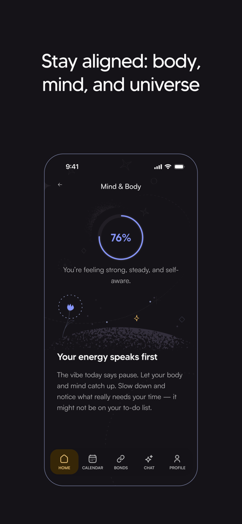 Cosmy: Astrology & Moon Phases - Cosmy app interface showing Mind and Body alignment score and personalized energy guidance