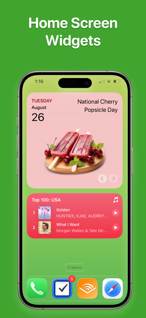 Food Holidays Calendar - Tela inicial do iPhone exibindo um widget do Calendário de Feriados Gastronômicos para o Dia Nacional do Picolé de Cereja