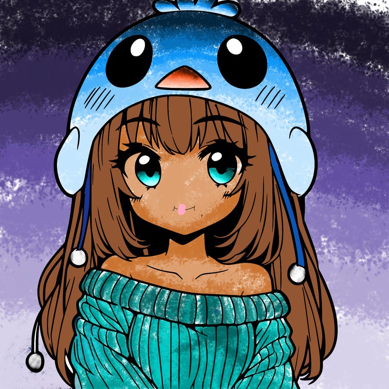 anime girl with chick shaped hat with sweater with bare shoulders with bangs covering them one eye with low tail