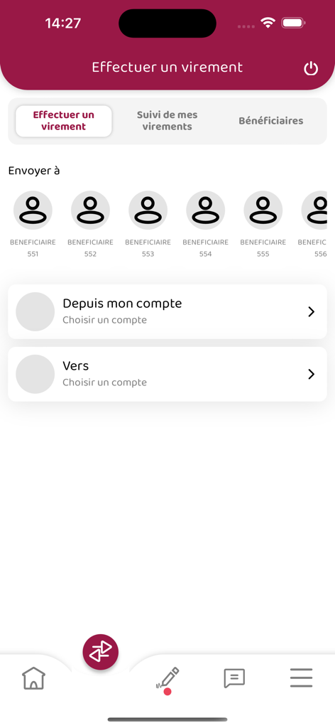 Webline - Écran de l'application bancaire Webline pour initier un virement bancaire avec une liste de bénéficiaires et des options de sélection de compte