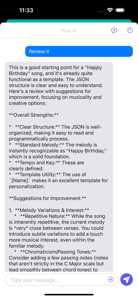 Pretube - No ads in video - Pretube app AI assistant providing creative feedback and musical suggestions in a chat interface.