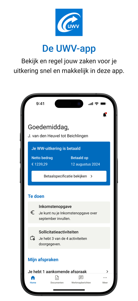 UWV - Home screen of the UWV mobile app showing benefit payment status and task list