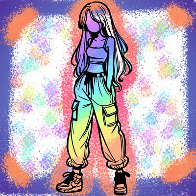 girl in baggy pants crop top and long hair