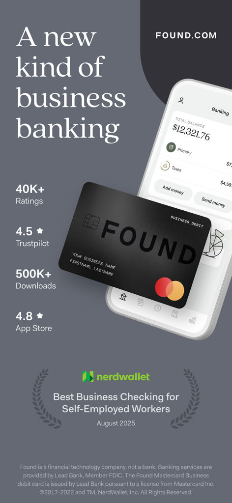 Found: Business Banking - Interfaz de la aplicación de banca empresarial Found con tarjeta de débito empresarial y saldo de cuenta