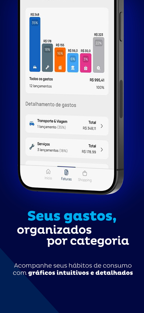BRBCARD - BRBCARD mobile app screen displaying a color-coded bar chart of monthly expenses organized by category.