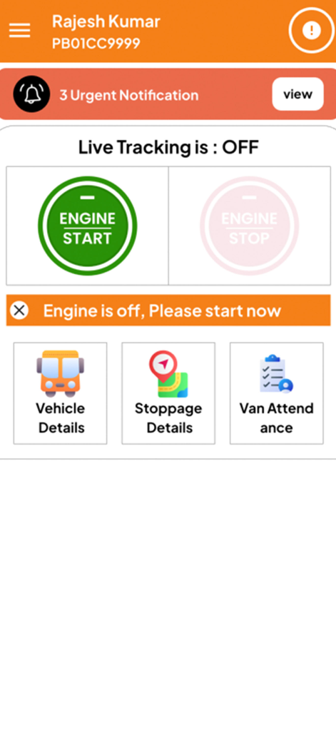 Driver App Class On - Interface of the Driver App Class On showing engine start button live tracking status and vehicle navigation options