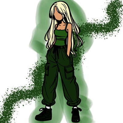 girl in baggy pants crop top and long hair