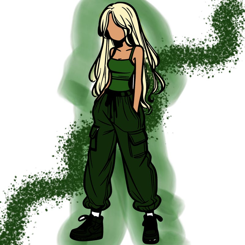 girl in baggy pants crop top and long hair