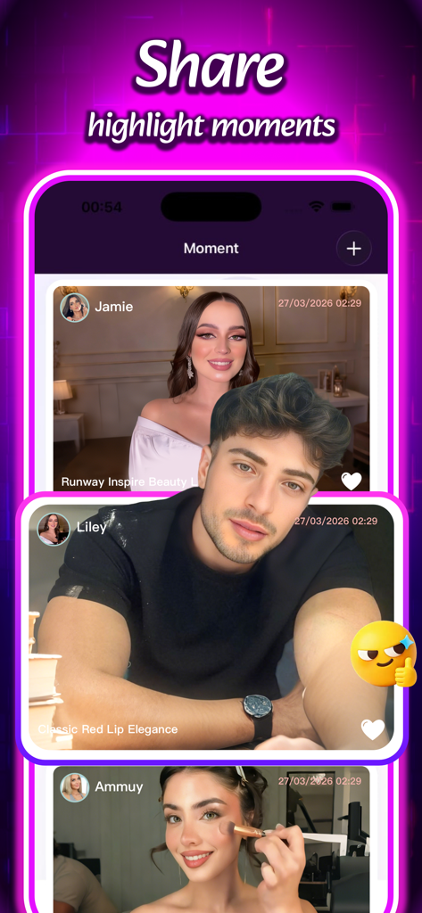 Tove - Feed Momenti dell'app Tove che mostra i look makeup degli utenti e i momenti salienti