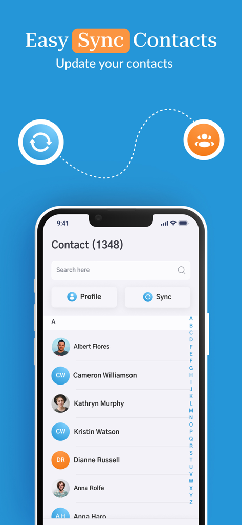 Sync Contact for Google & more - User interface of the Sync Contact app showing a contact list and sync functionality on an iPhone