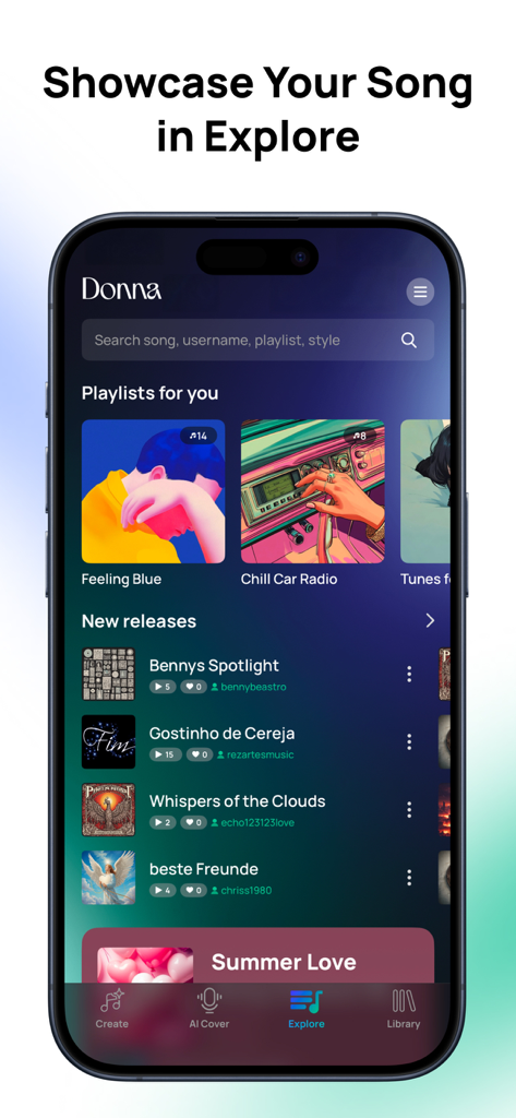 Tela de exploração do aplicativo Donna AI exibindo novos lançamentos de músicas e playlists de música selecionadas
