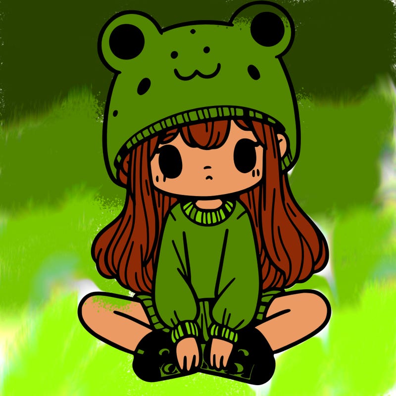 a girl wearing a frog hat and some frog socks