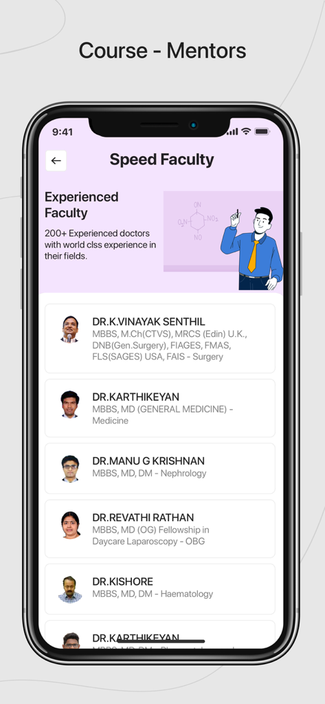 Speed Learning - Speed Learning app screen showing a list of experienced doctor faculty and personal mentors for medical entrance exam preparation.
