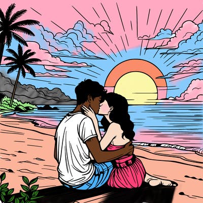 people kissing in the sunset on the beach realistic