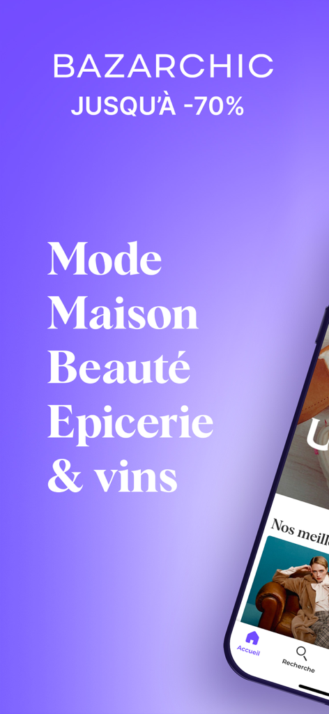 Pantalla de la aplicación móvil BazarChic que muestra categorías de compras y una oferta de descuento del setenta por ciento