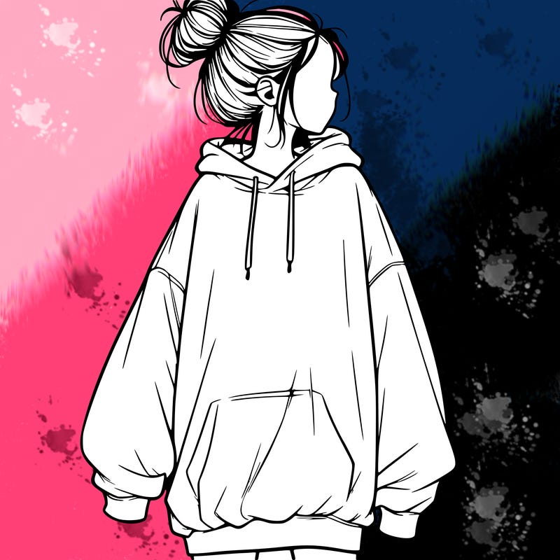 realistic girl with a oversized sweatshirt on and a bun