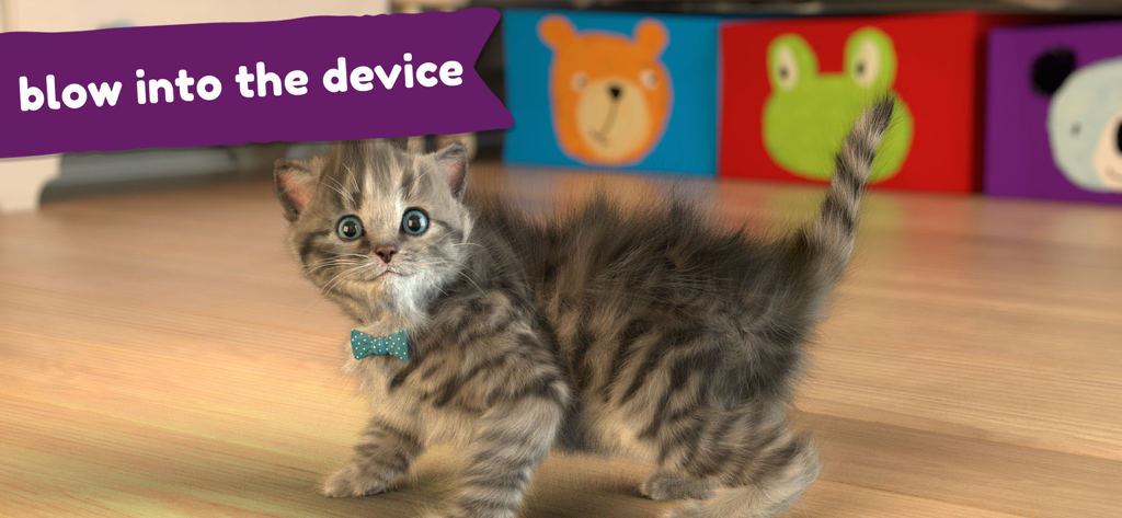 Little Kitten: Virtual Pet Cat - プレイルームで青い蝶ネクタイをつけた、リアルな3Dのグレーのタビー柄の子猫