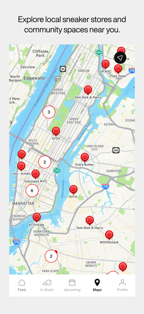 Une interface de carte dans l'application Nike SNKRS montrant les emplacements des magasins de baskets et les centres communautaires de New York.