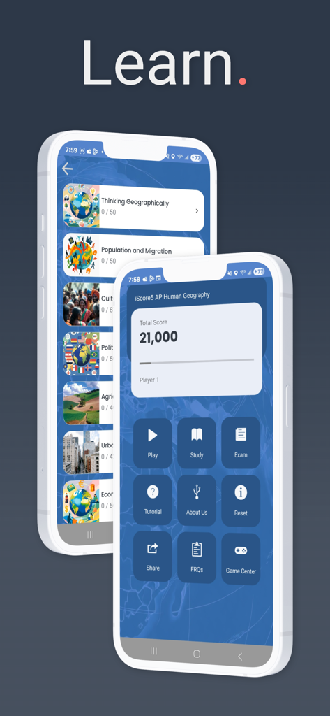 iScore5 AP Human Geography - Screenshots of the iScore5 AP Human Geography app displaying study modules and the gamified user interface