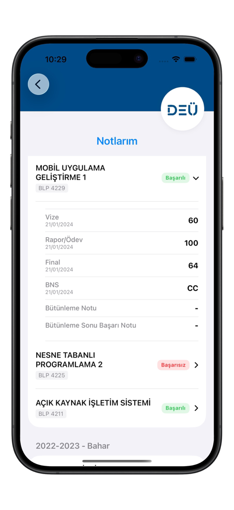 DEU Mobil - DEU Mobil app screen showing student course grades and exam results
