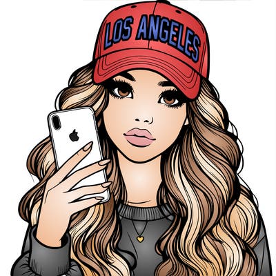 realistic beautiful girl wearing los ángeles cap holding an iphone