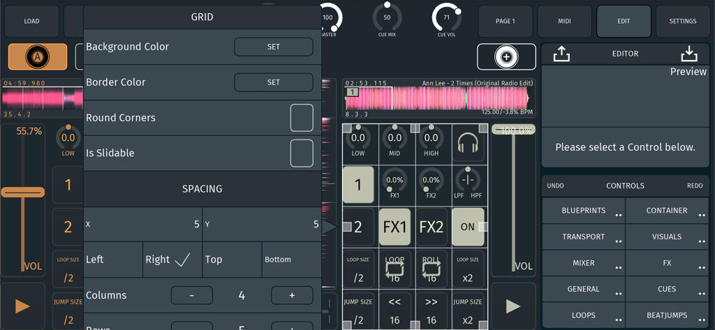 soda dj app - Editor de diseño de interfaz de la aplicación soda dj mostrando la cuadrícula modular y la configuración de espaciado