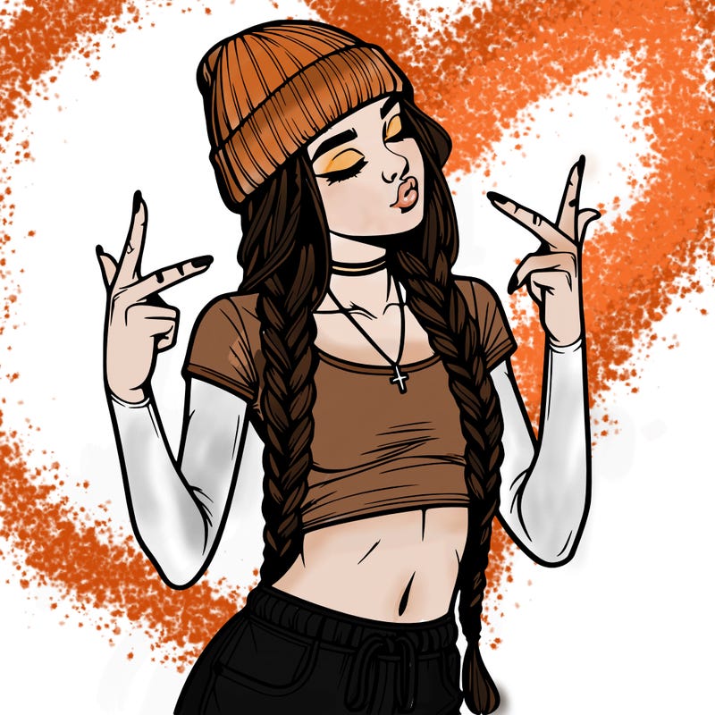 realistic teenage girl with braids and a beanie and crop top doing 🫶🏼