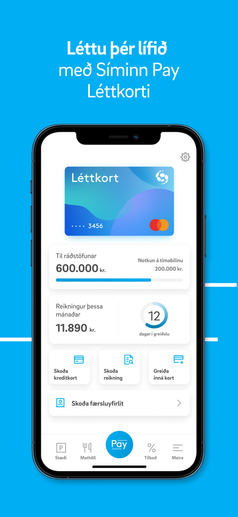 Siminn Pay mobile app interface displaying a digital credit card with available balance and monthly bill information