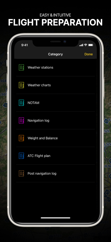 Air Navigation Pro - Air Navigation Pro app showing the flight preparation menu with briefing categories for pilots