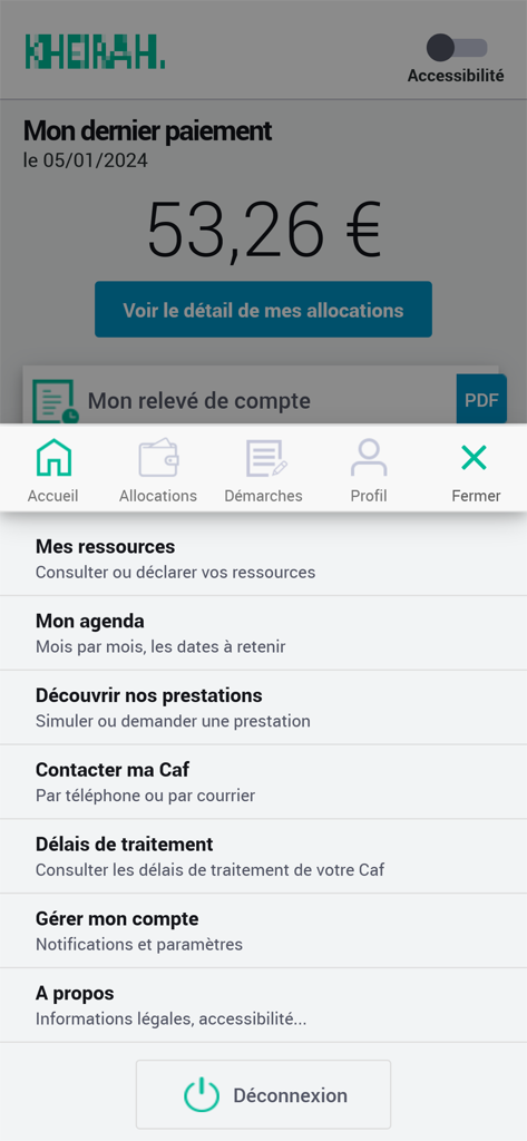 Tableau de bord de l'application Café Mon Compte avec les détails de paiement et le menu