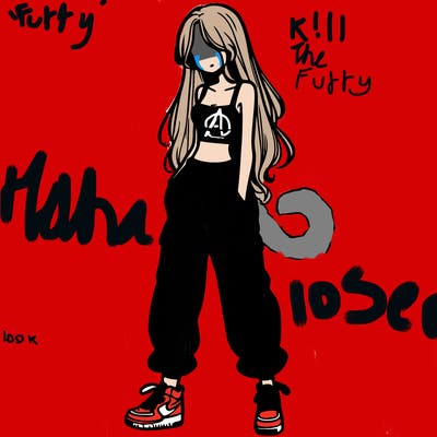 girl in baggy pants crop top and long hair