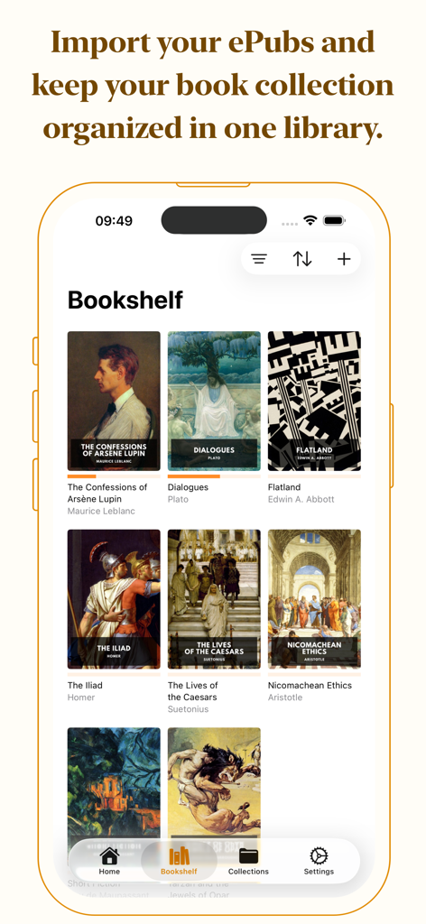 ePub Pro - ePub Pro アプリのデジタル書棚。iPhone 画面に、カスタムカバーアートを備えたクラシック eBook のコレクションが表示されています。